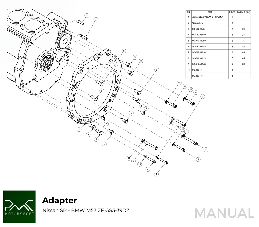 PMC Adapter kit Nissan SR - BMW M57N2 HGD JGA - 240mm / 9.45"