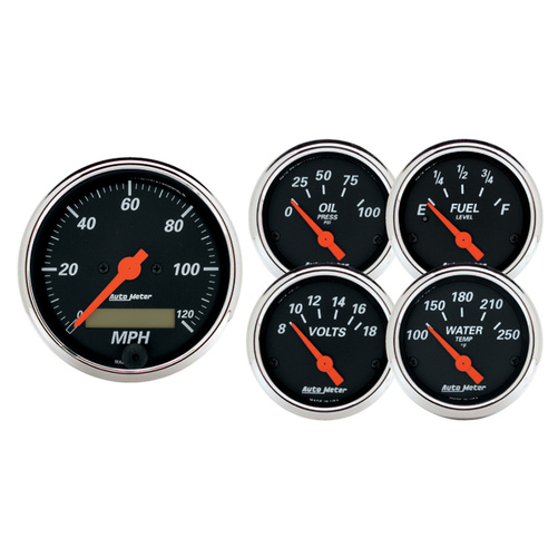 5 PC. Mätar-KIT, 3-1/8" & 2-1/16", ELEC. Hastighetsmätare,, DESIGNER BLACK
