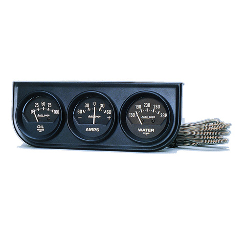 Mätarhållare / Konsol, Oljetryck/Vattentemp/AMP, 2-1/16", 100 PSI/280 °F/60A, BLK DIAL, BLK BZL, AG