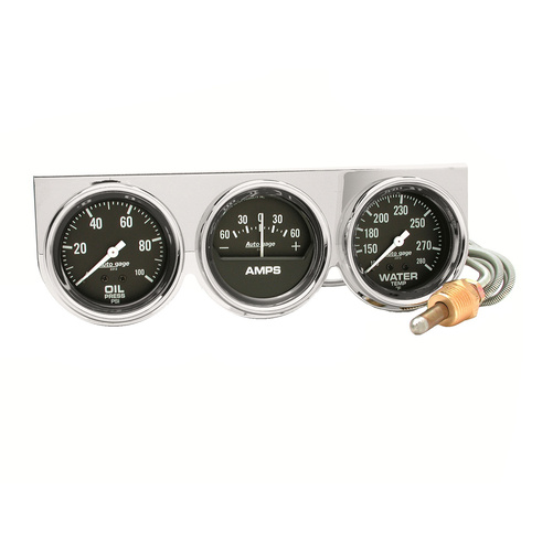 Mätarhållare / Konsol, Oljetryck/Vattentemp/AMP, 2-5/8", 100 PSI/280 °F/60A, BLK DIAL, CHROME BZL, AG