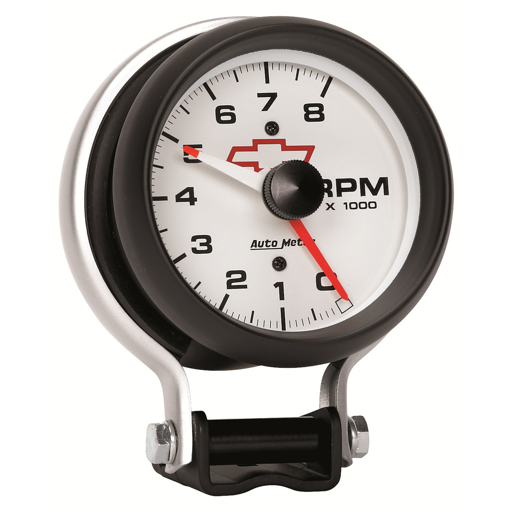3-3/4" Varvräknare Stativ, 0-8,000 RPM, CHEVY RED BOWTIE, WHITE